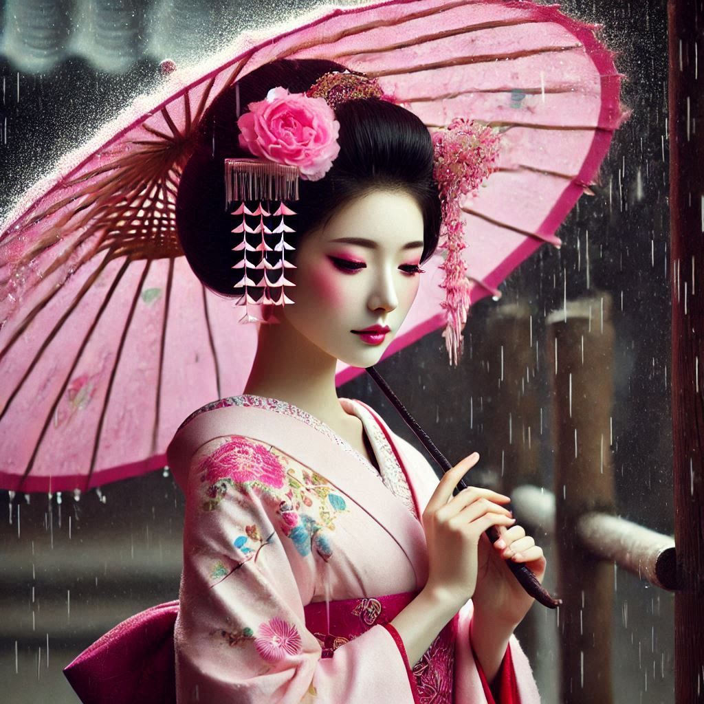 Geisha standing in the Rain