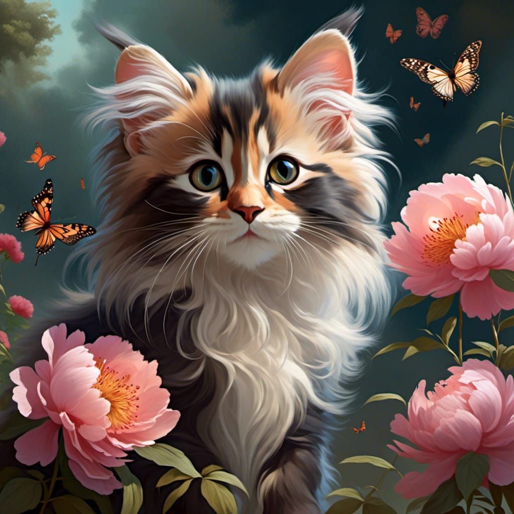 <lora:Soft Animals:1.0> Calico long haired kitten with extre...