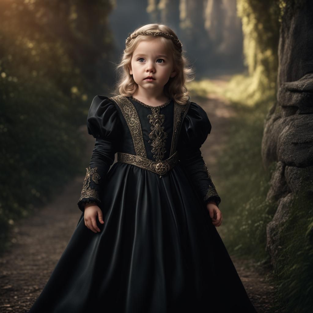 A Female toddler, Wearing A Black Medieval Dress Epic cinema...
