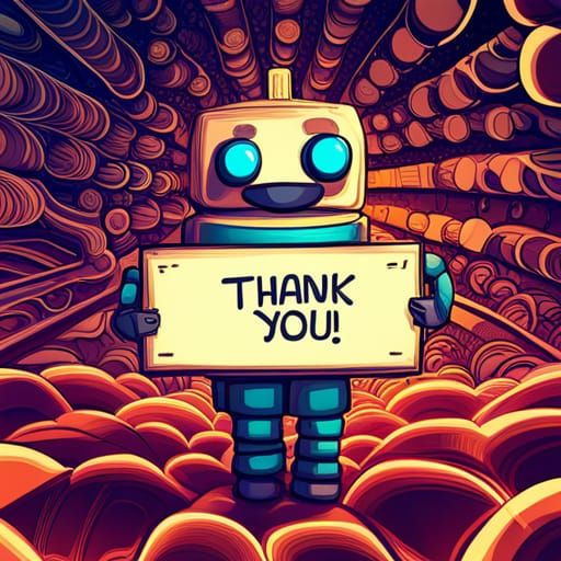 Cute tiny robot holding a sign that says thank you  by @GeekWorldMinion