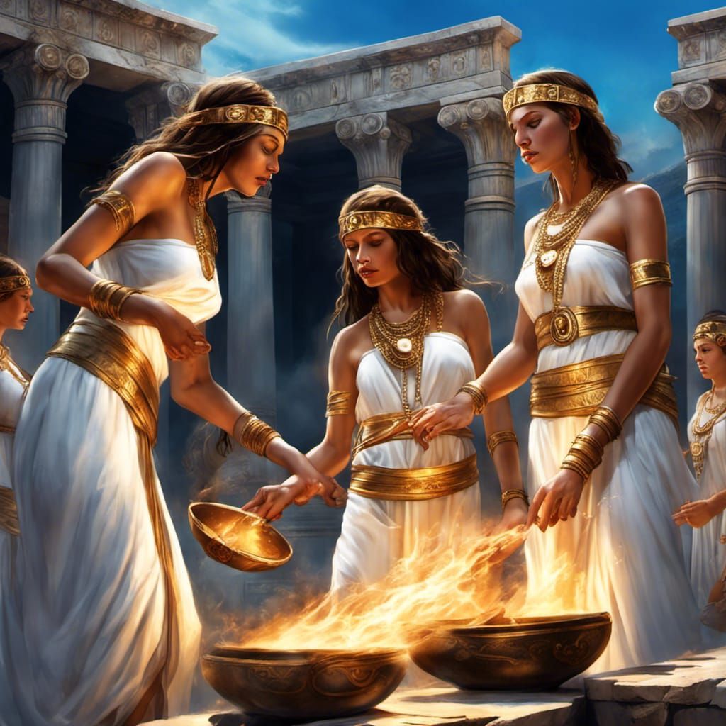 550 BCE Amazonian priestesses with brown wavy hair, bright b...