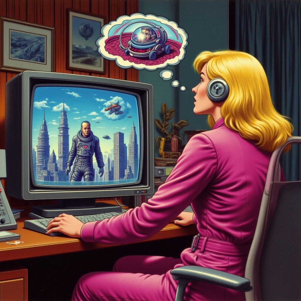 <lora:Distorted Memories:1.0>
A blonde woman in a pink jumpsuit sits at a desk with a computer monitor displaying a man in a spacesuit again...