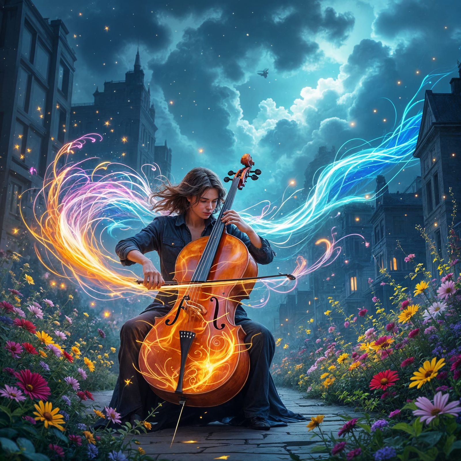 Musician Plays Glowing Instrument, Energy Transforms World