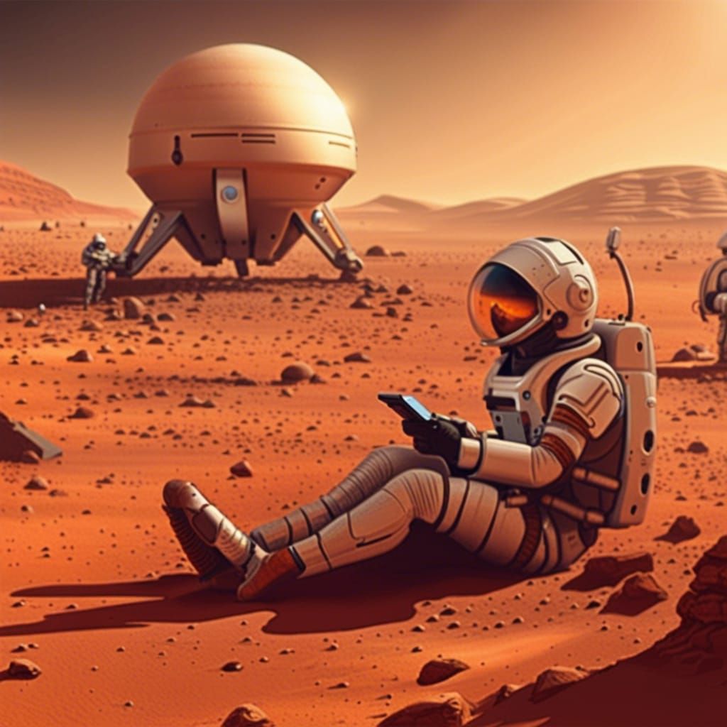 man on mars using mobile AI Generated Artwork NightCafe Creator