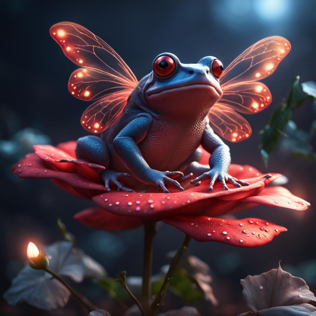 A red toad with fairy wings sitting on top of a glowing rose  by @Shadow