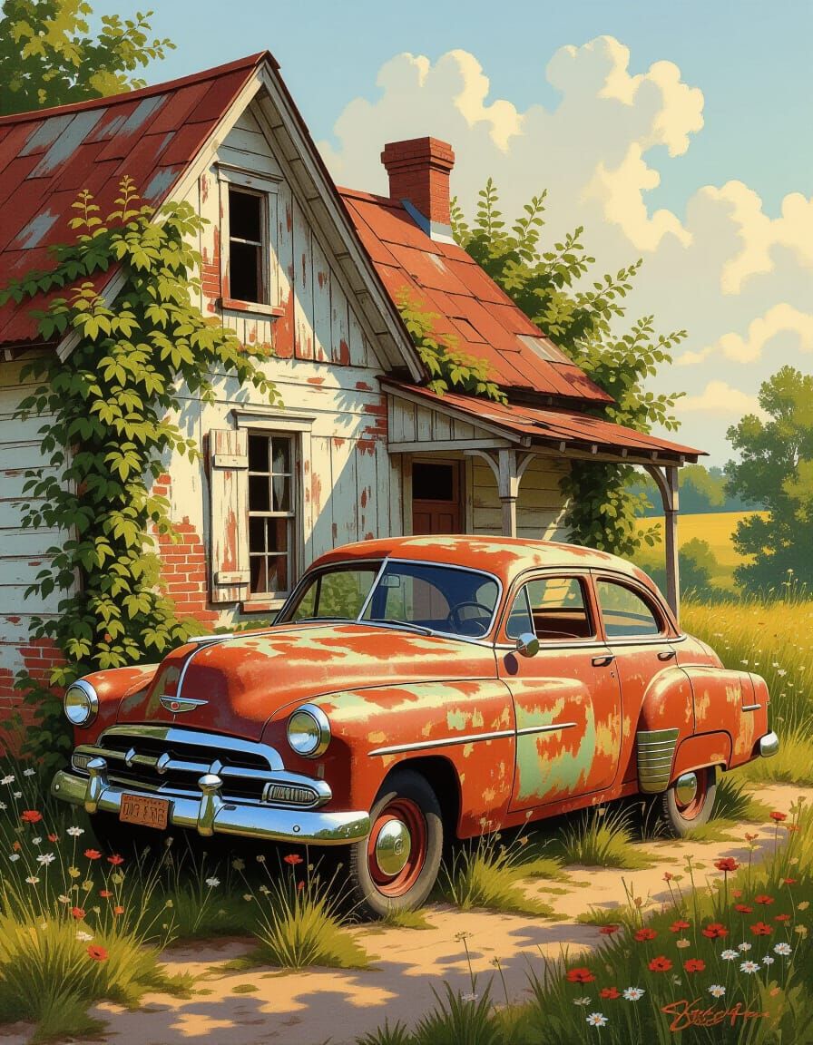 Victorian Country House and Vintage Car  by @Lady on Fire