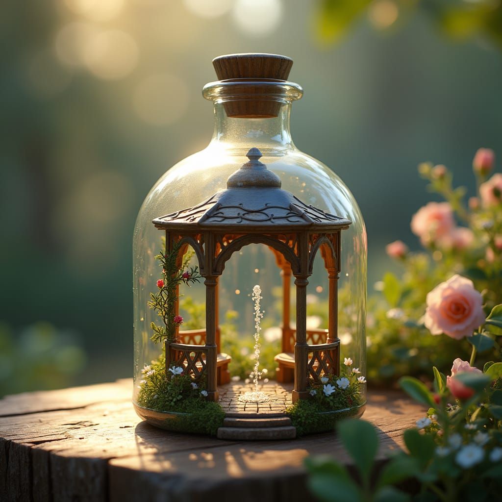 Ornate Gazebo Inside Glass Bottle as Hyperrealistic Art