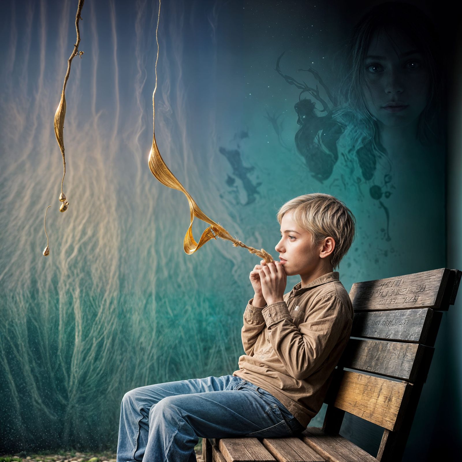 Young Boy Plays Harmonica in Cracked Room