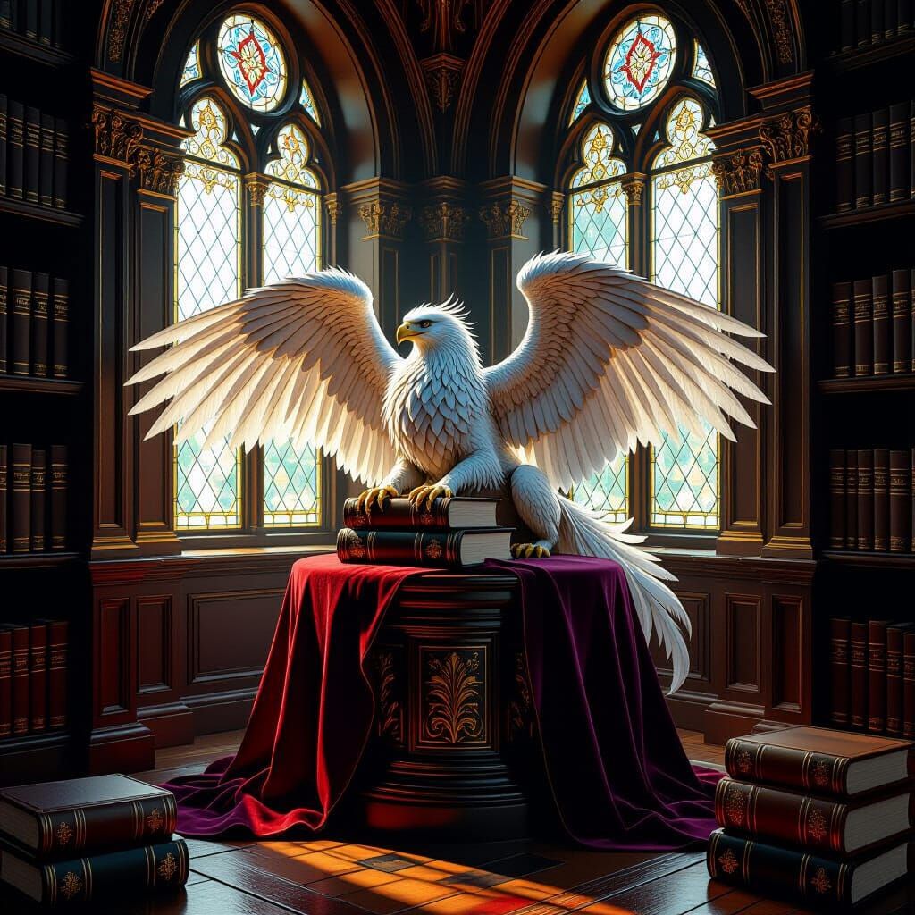 Envision a hidden alcove within a grand library, bathed in soft, ethereal light filtering through stained-glass windows. Antique books line ...