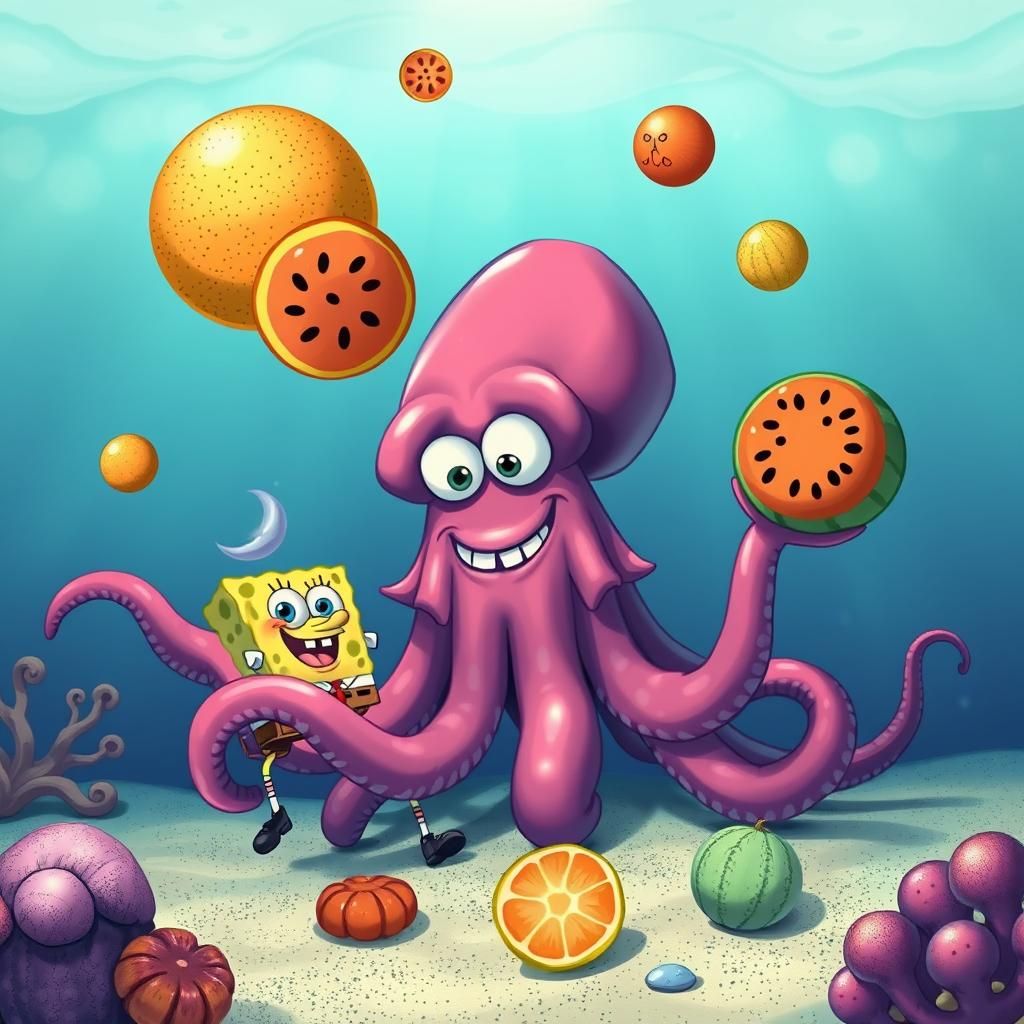 Sea Creature And SpongeBob Juggling Oranges, Watermelons and