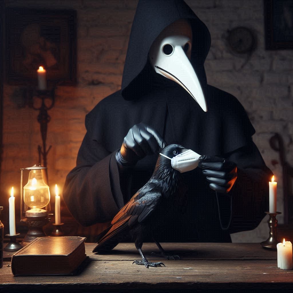 plague doctor putting medical mask on pet crow
