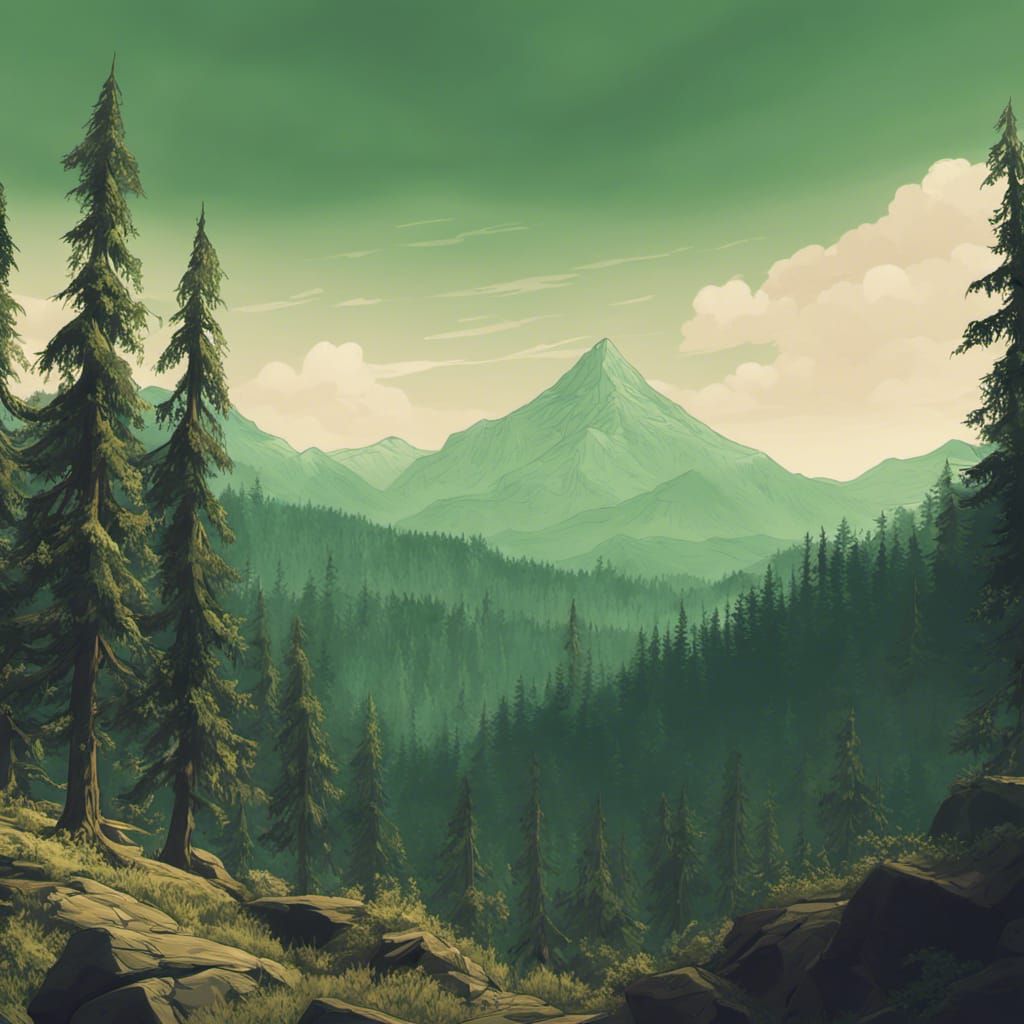 Firewatch art style forest with mountains in background. The sky has to ...