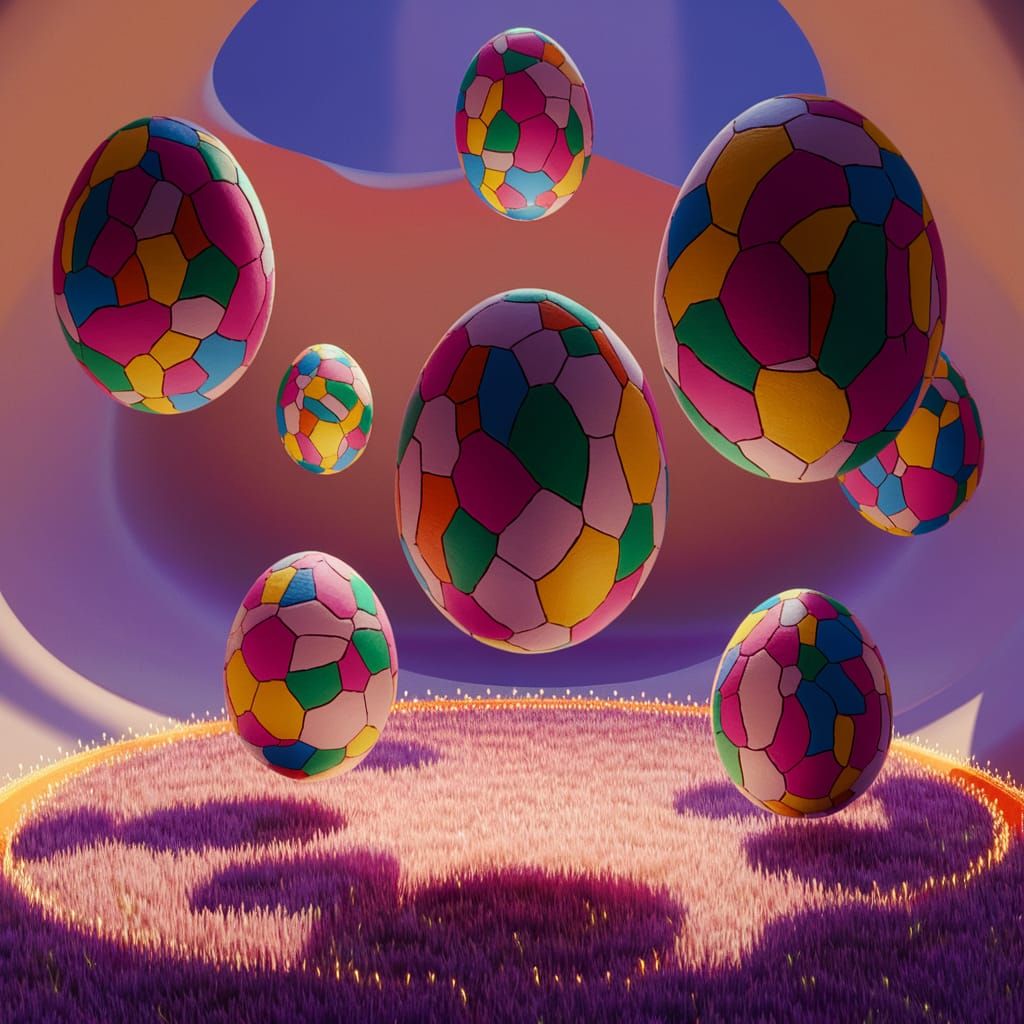envision a collection of surreal eggs floating in a dreamlike dimension, each adorned with mismatched ...  by @Susi
