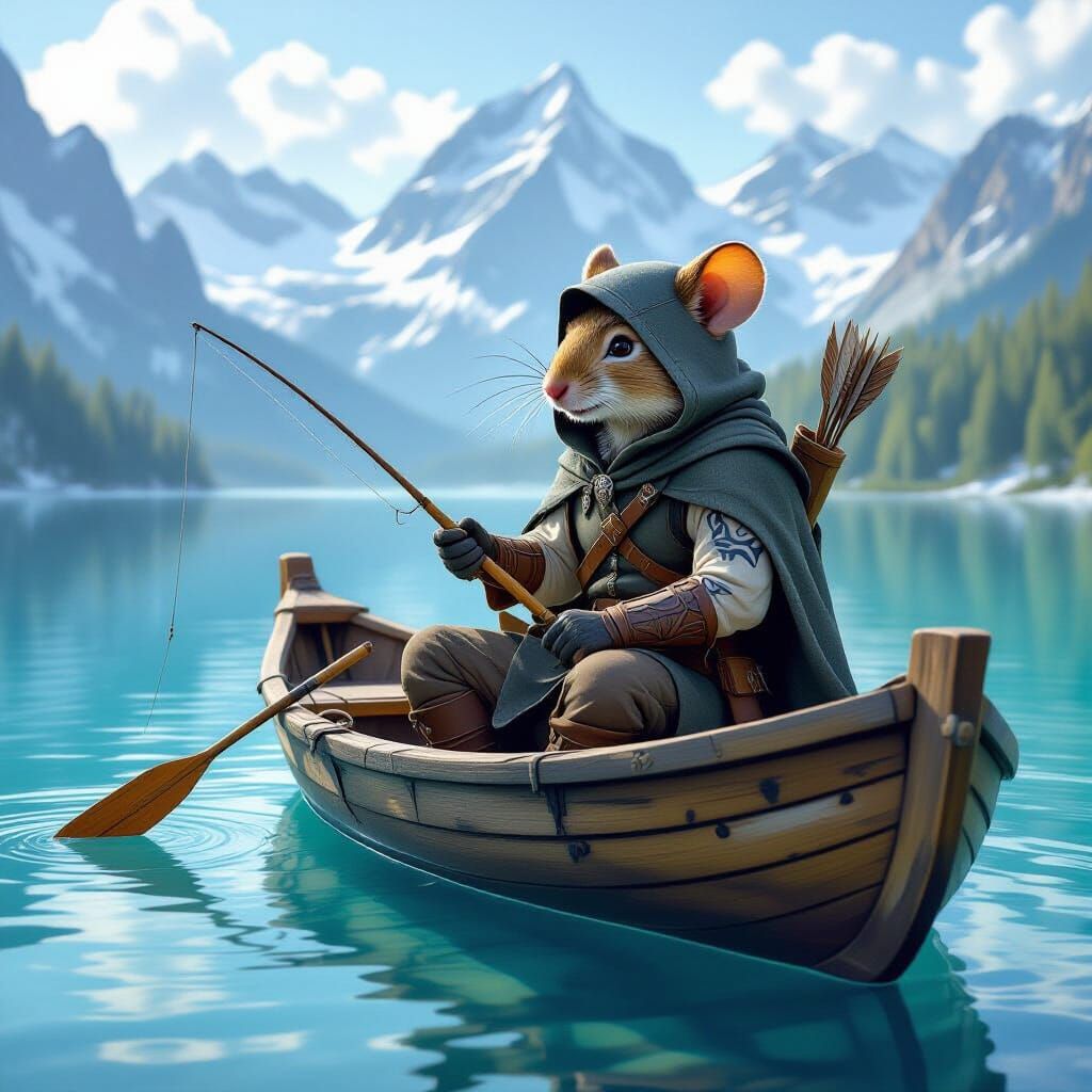 Finn, an anthropomorphic forest mouse wanderer and bard-ranger, sits in an old, weathered, roughly-built wooden boat drifting on a crystal-c...