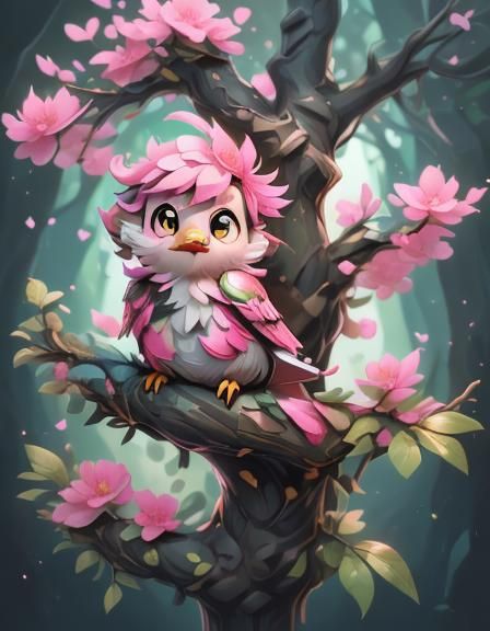  <lora:Fatato:1.0> adorable little pink bird sitting on a tree branch 