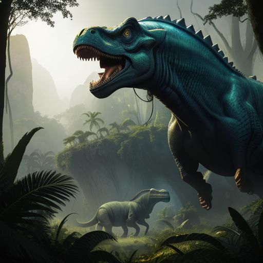 Jurassic Park, DINOSAUR, DINOSAURS, JURASSIC era, detailed matte painting, deep color, fantastical, intricate detail, splash screen, complem...