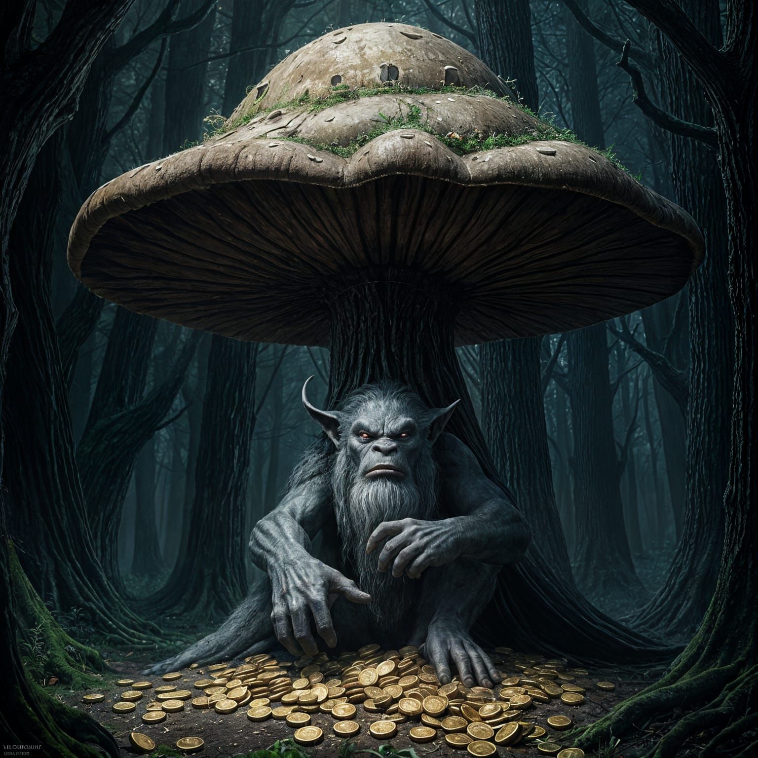 A mesmerizing realistic troll sits beneath a giant mushroom in a dark, gothic forest, guarding a hoard of gold coins. Medium shot. Digital p...