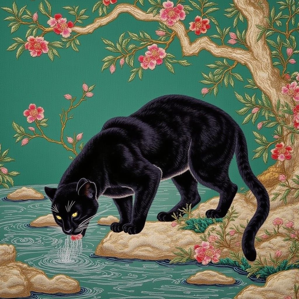 black panther drinking water from a rocky creek