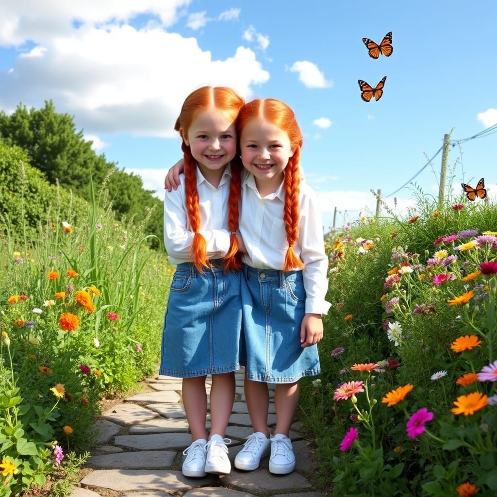 Red-Haired Twins Embracing in a Flower Garden
