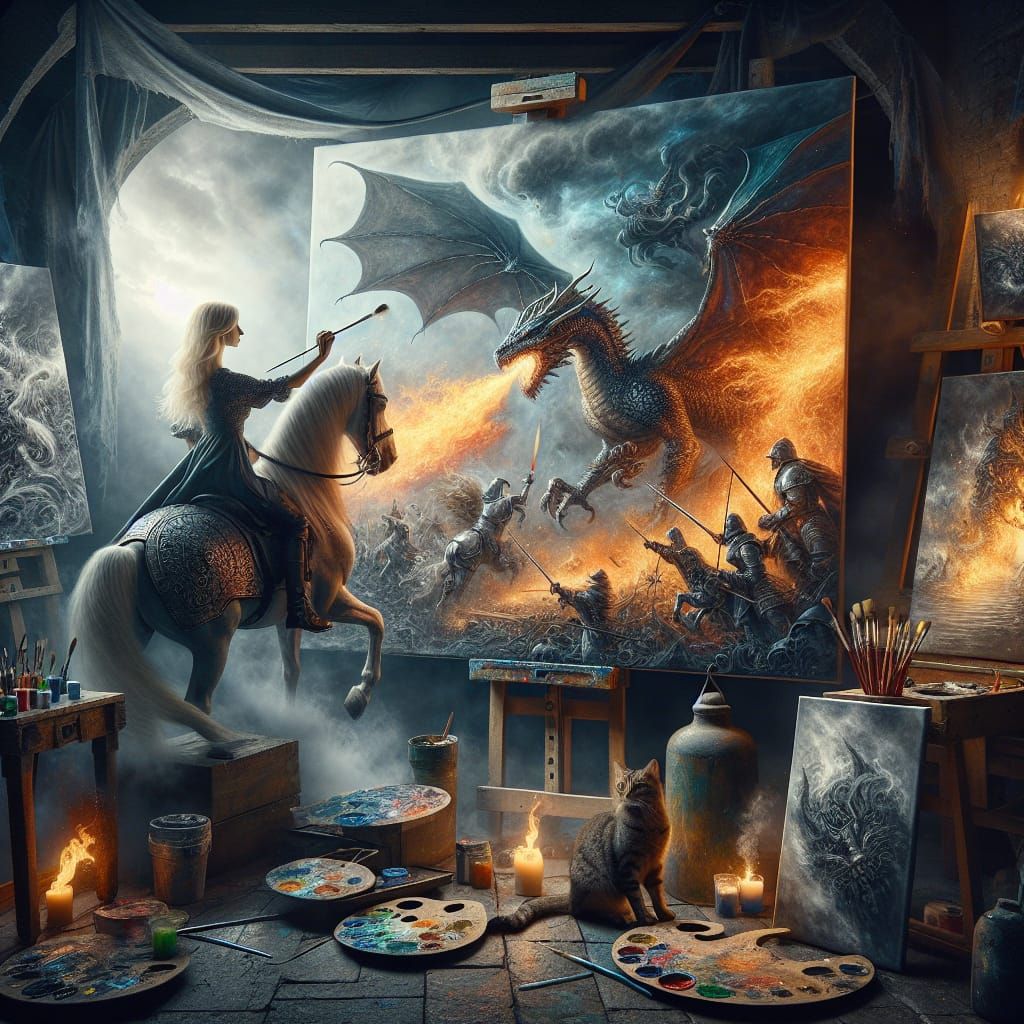 highly detailed, fantastical chiaroscuro scene of a blonde female artist painting a surreal landscape on a canvas in an atmospheric, dimly...