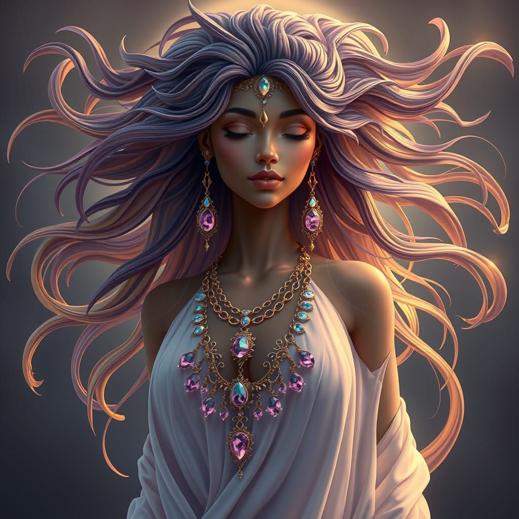 Goddess with Gold Hair in Art Nouveau Style