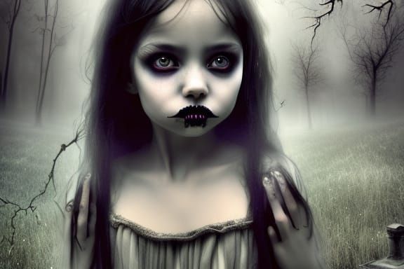 Beautiful toddler girl in spooky cemetery