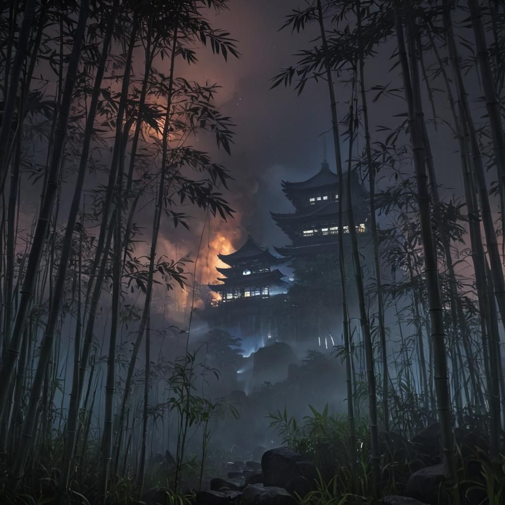 Hyperrealistic, Japanese forest, bamboo, mountain, fog, nigh...