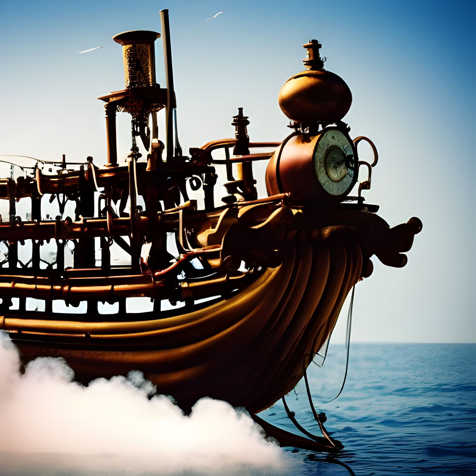 Steam punk steam boat with fish jumping out of water and smoke coming