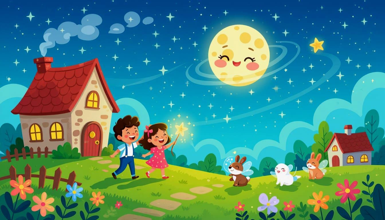 Dreamy Village Scene with Angels and Cats