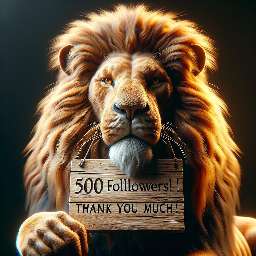 Lion holding a sign saying 500 followers! Thank you so much!
