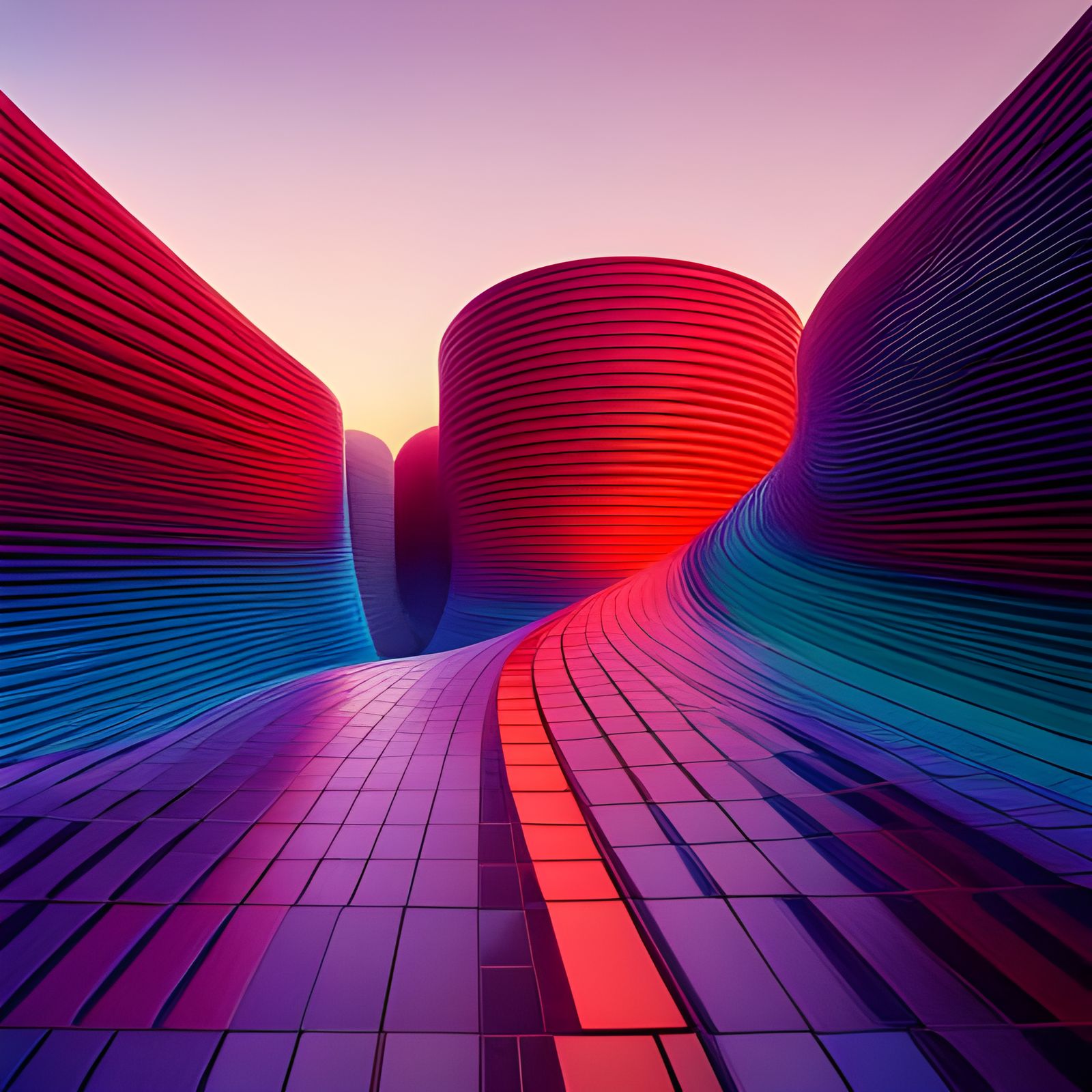 Technicolor, holographic, geometric, cool toned, techno wave...