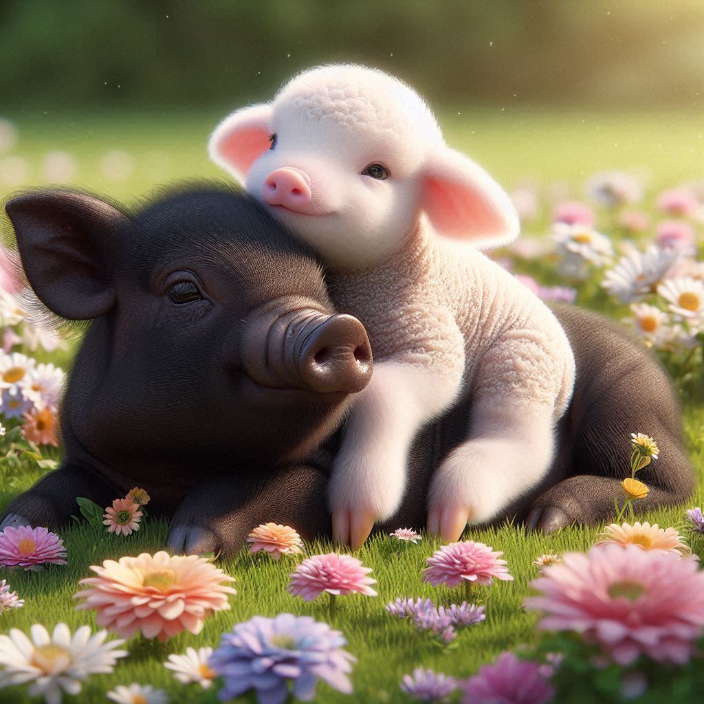 Friendship of pig and lamp babies