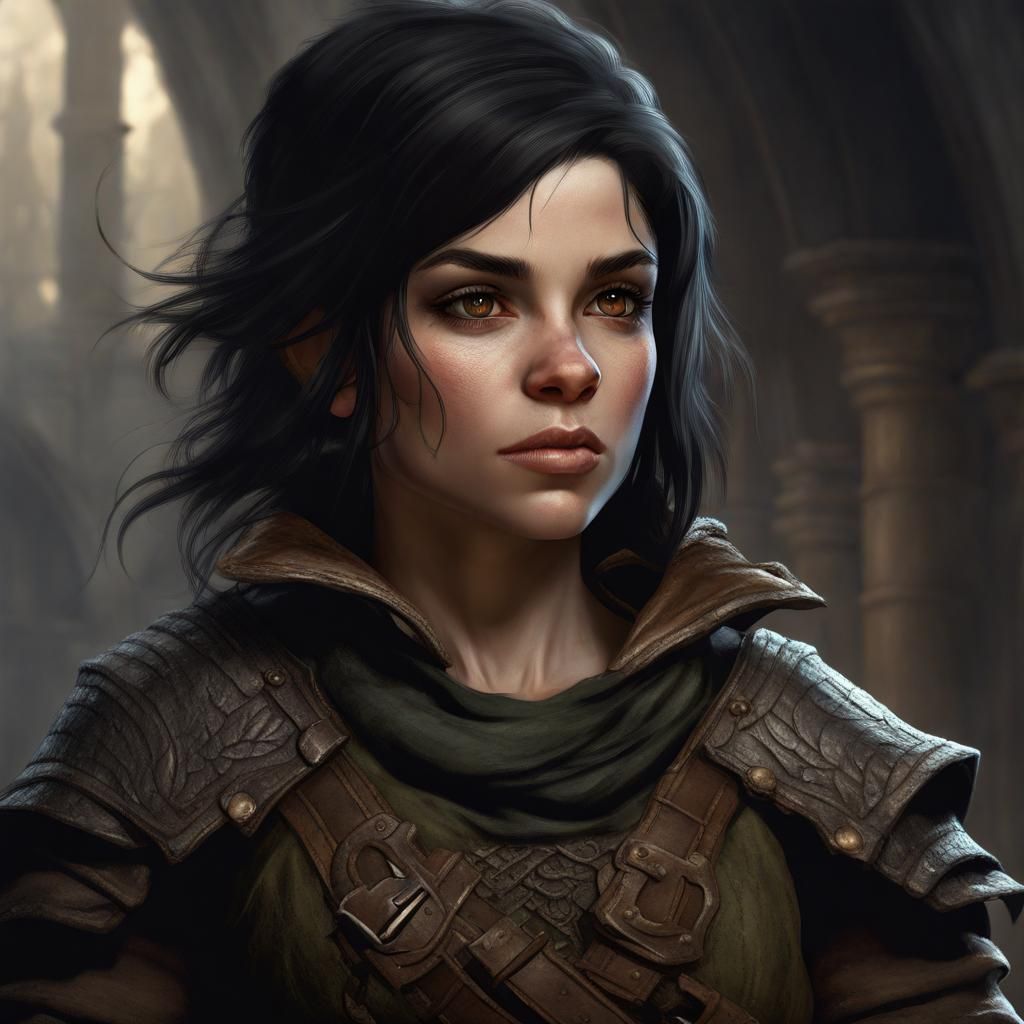 Female halfling rogue with black hair, pale skin and brown eyes ...