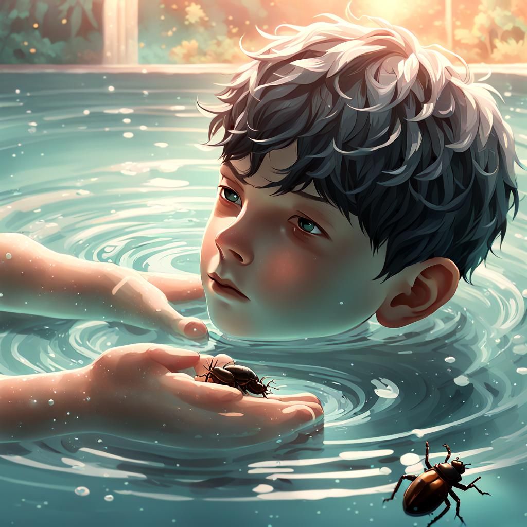 Boy in Mikvah with Beetle, 3D Anime Style