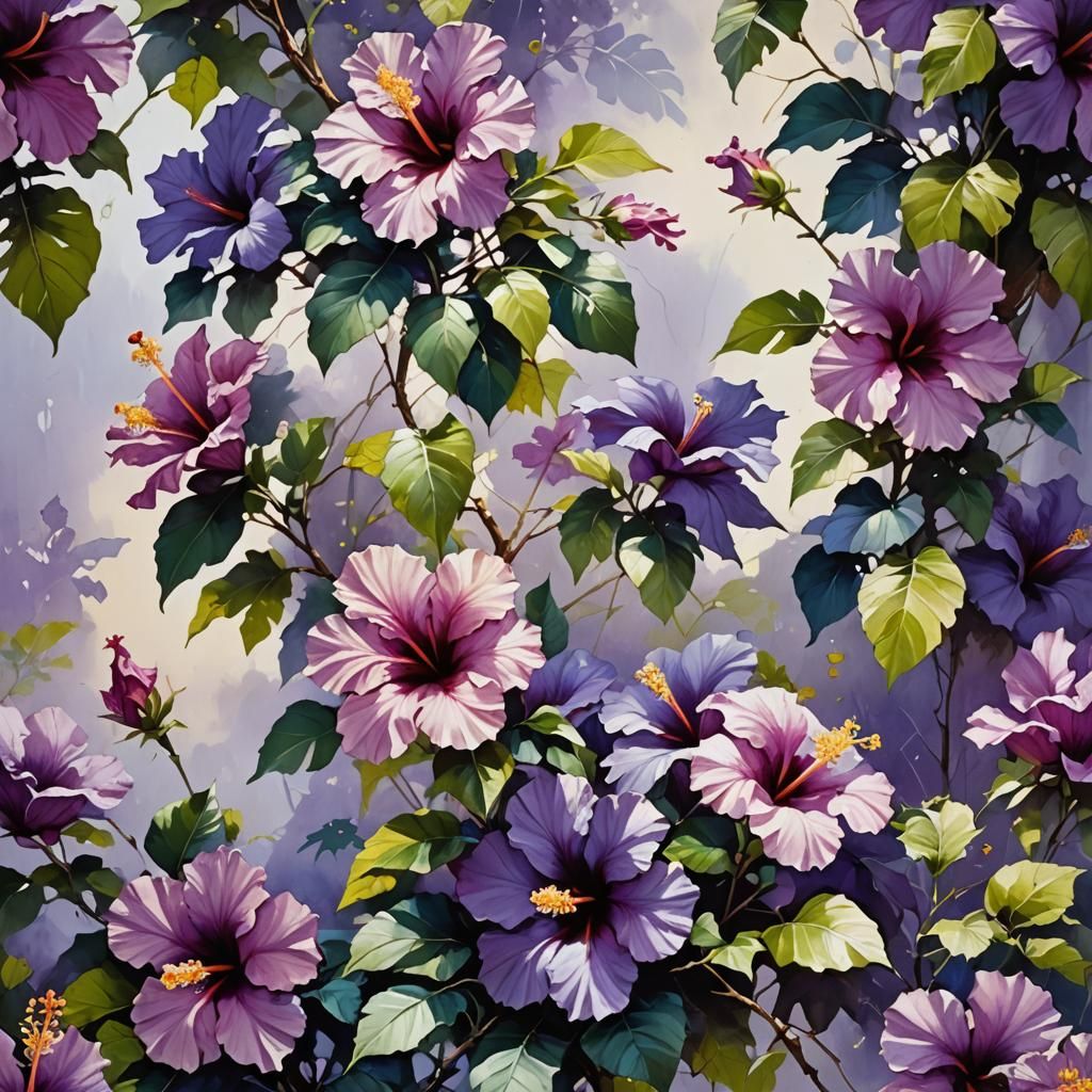 Acrylic painting of blooming violet Hibiscus flowers
