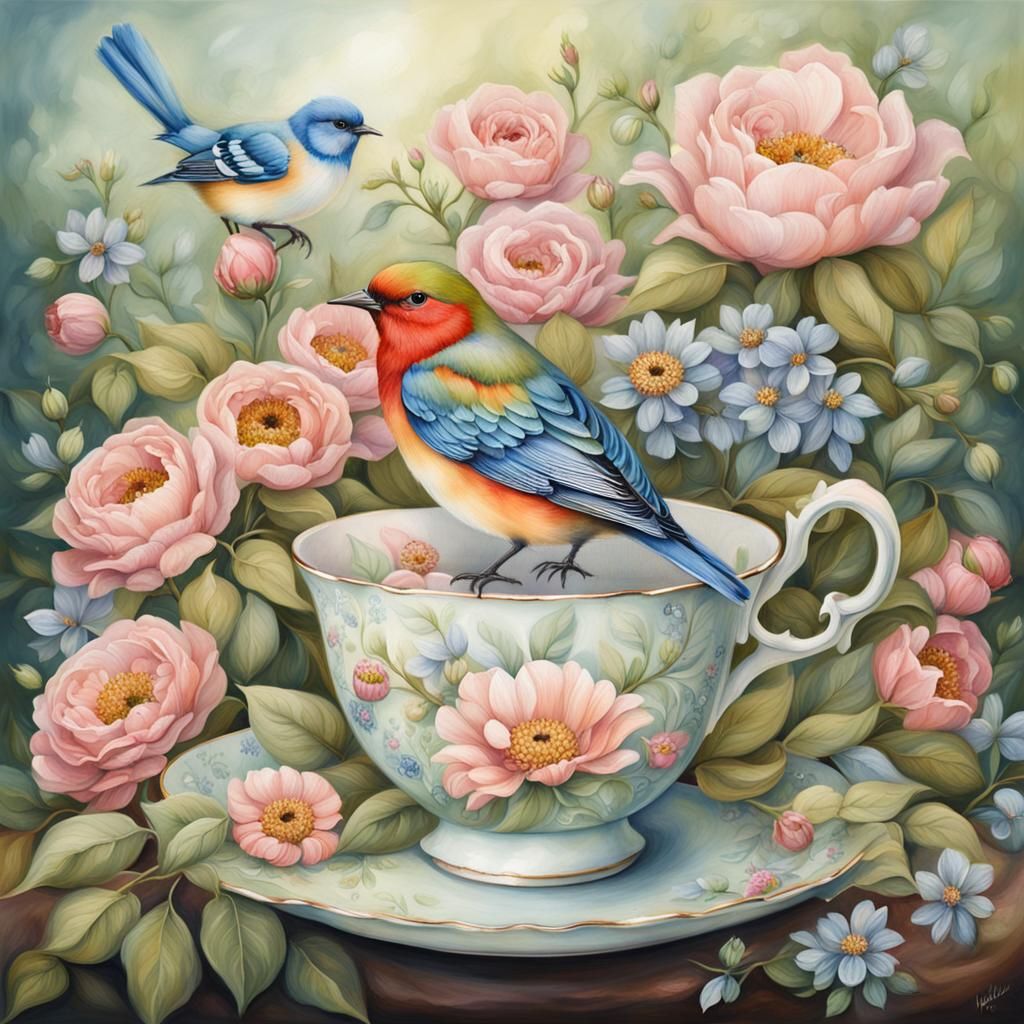 A painting of a colorful bird sitting on the edge of an  tea...