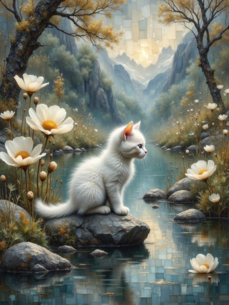white kitten on rock on spring river  by @Heidi25