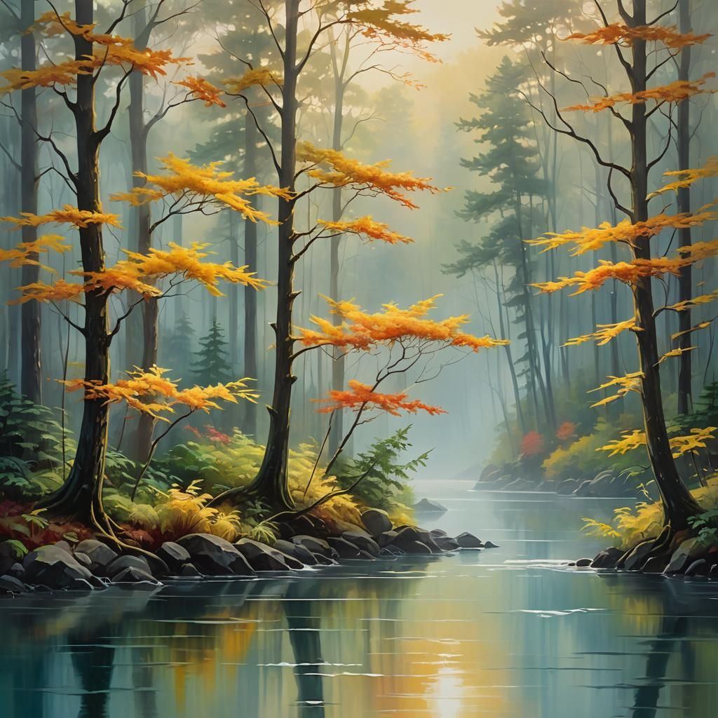 Serene Forest Meets Misty Ocean Landscape