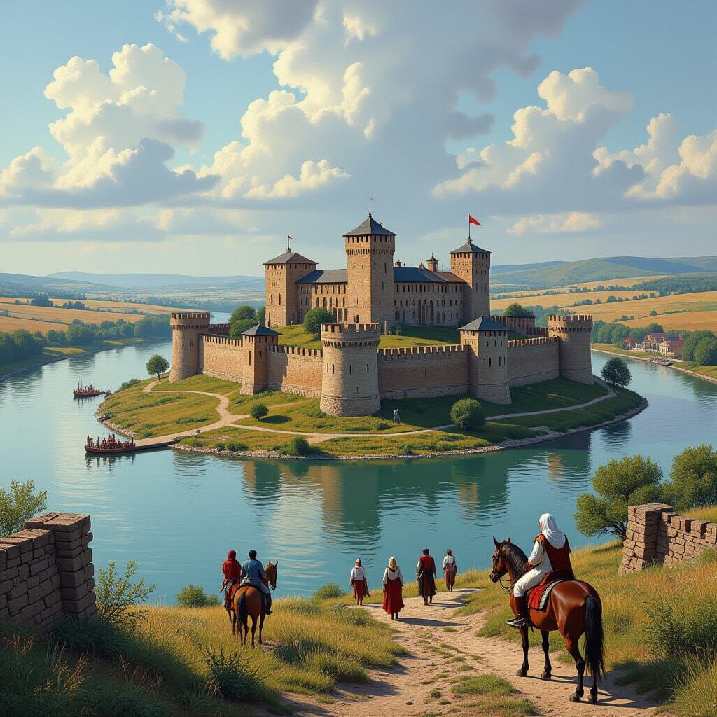 Rhine Fortress with Medieval Figures in Realistic Style