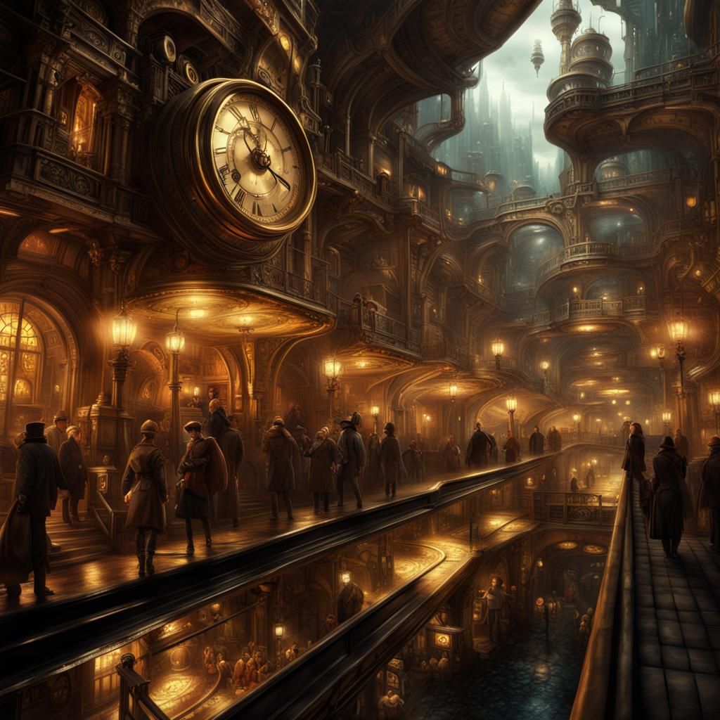 underground bustling steampunk city of Gold, beautiful light...