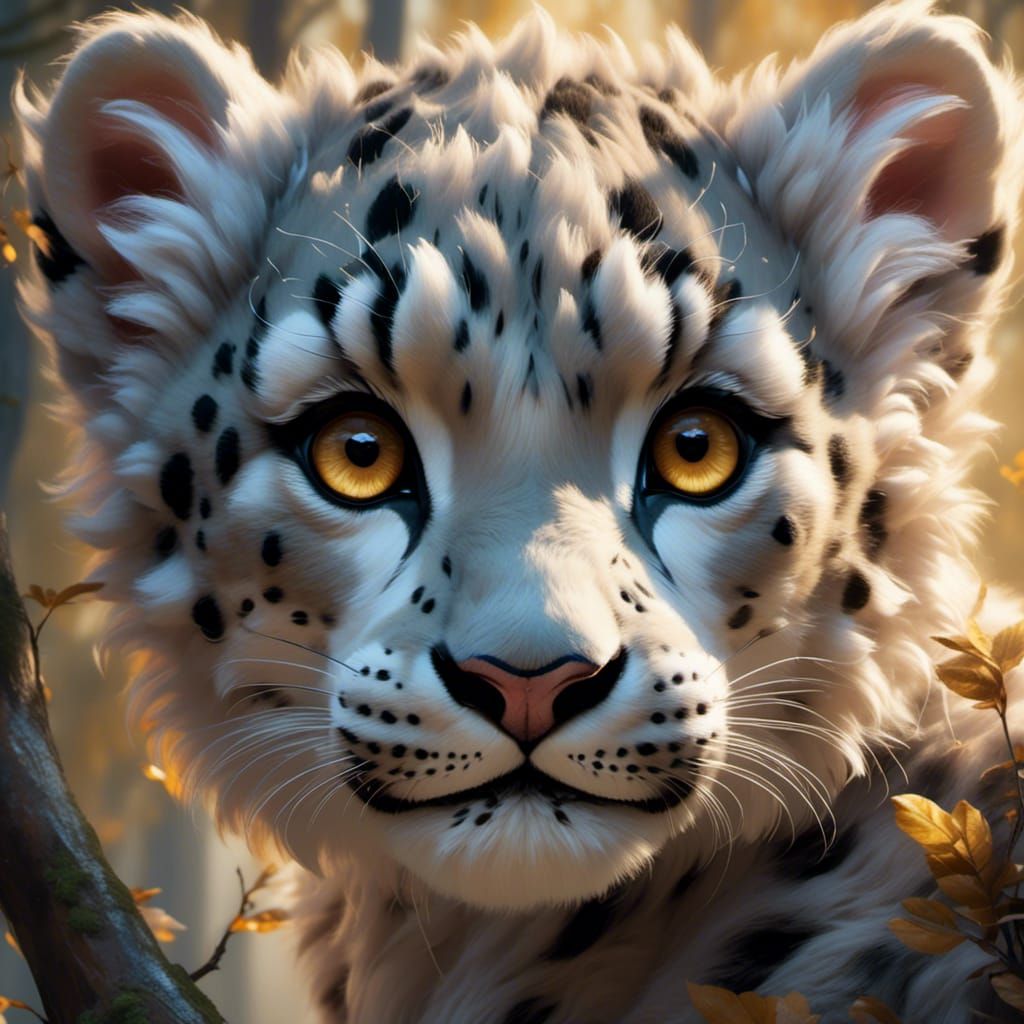 super cute baby snow leopard with very exaggerated baby features in a ethereal wonderland dramatic lighting dramatic camera 8k resolution be...
