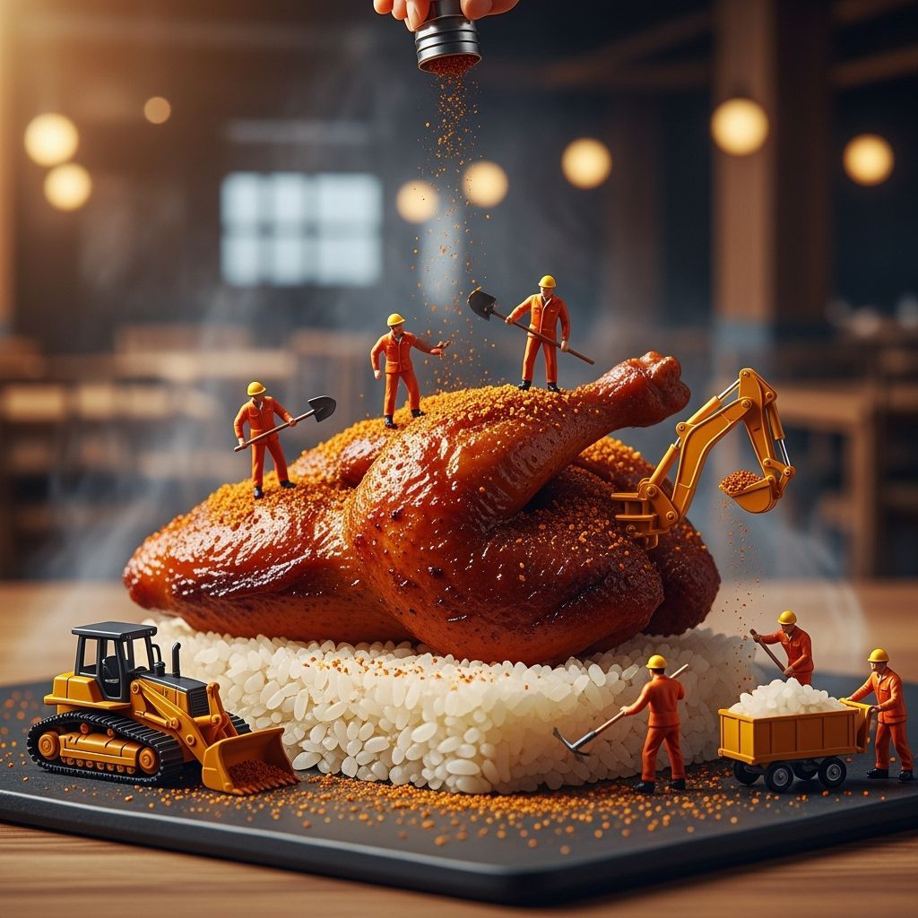Miniature Workers Constructing Barbecued Chicken Dish