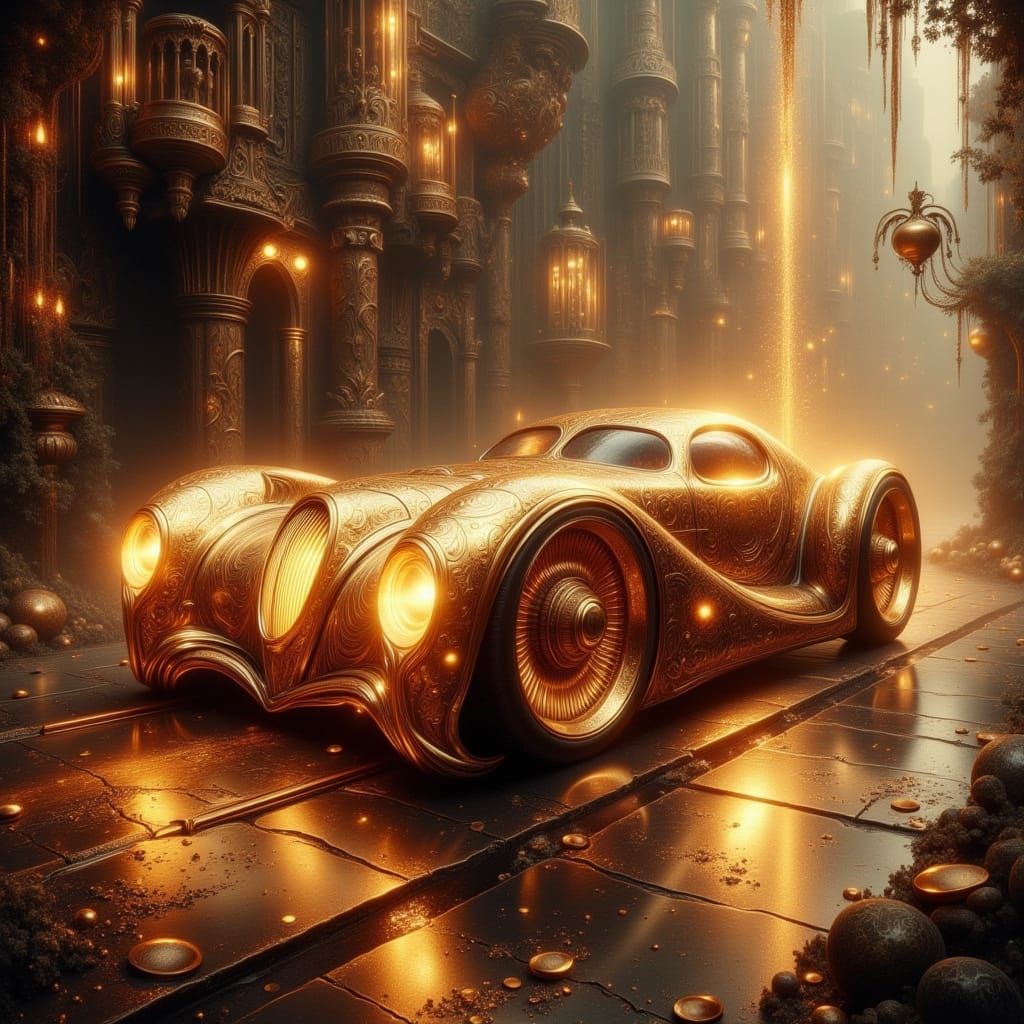 Futuristic Steampunk Carriage in Gold and Copper