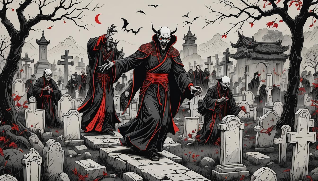 Creepy Ancient Chinese Hopping Vampires In Graveyard Iii Ai Generated