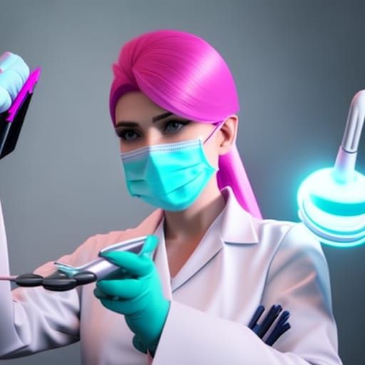 Female dentist with pink hair wearing gloves and a surgical ...