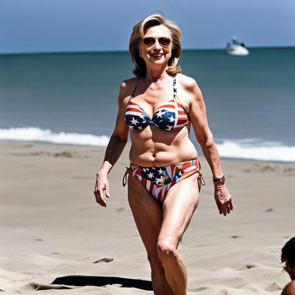 photo of Hillary Clinton on a beach wearing a thong bikini AI