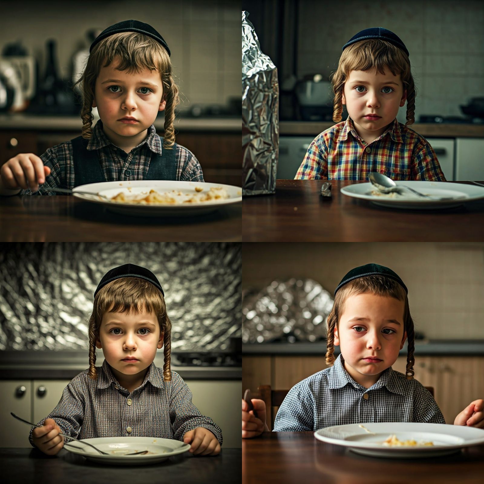 Young Hasidic Boy Sitting in an Empty Kitchen