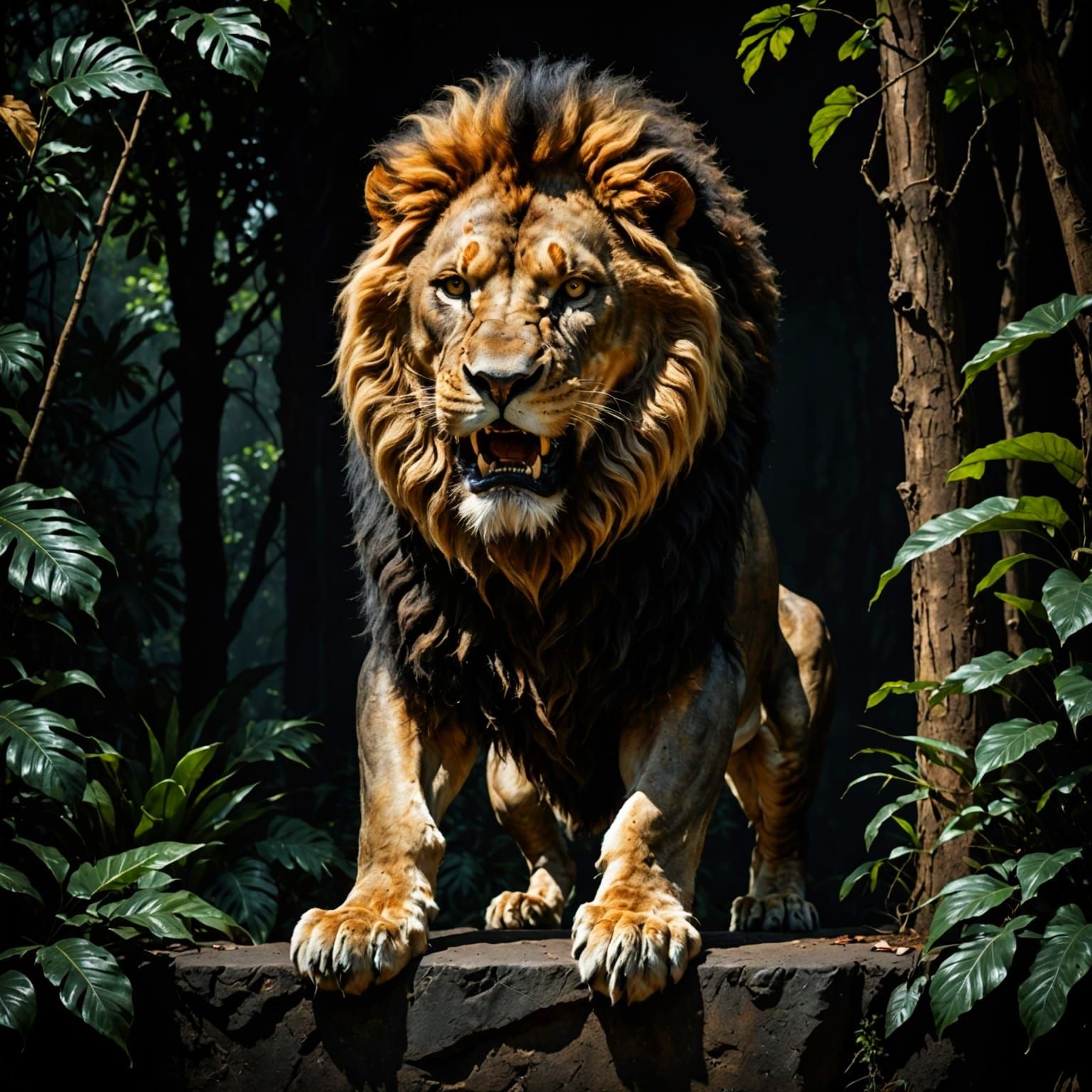 Majestic Lion Emerges from Dark Jungle Shadows