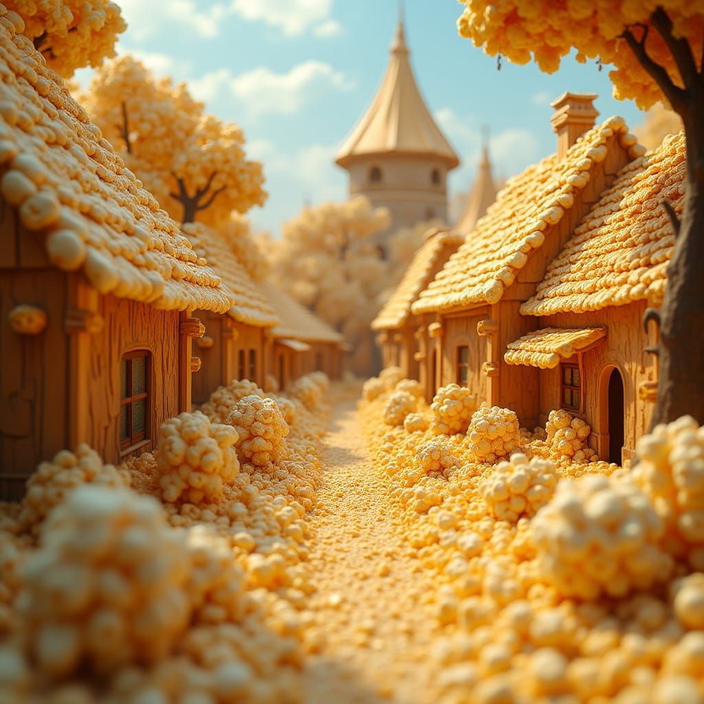 "A surreal fantasy marketplace where everything is made of popcorn—popcorn houses with buttery shingles, popcorn animals...