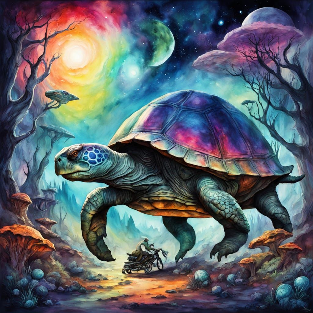 Cosmic Watercolor Fantasy Landscape with Strange Creatures